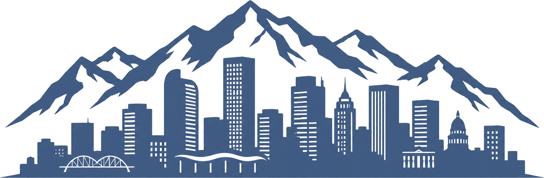 Denver skyline sitting in front of the Rocky Mountains in a vector illustration style.